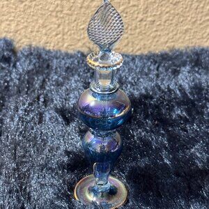 Handcrafted Egyptian Blue Iridescent Glass Perfume Bottle With Intricate Stopper